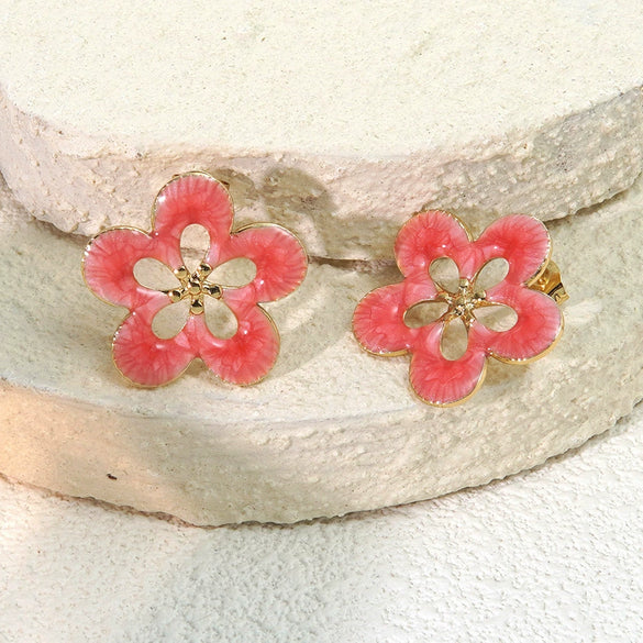 Wholesale Women's Oil Drip Hollow Stainless Steel Flower Earrings