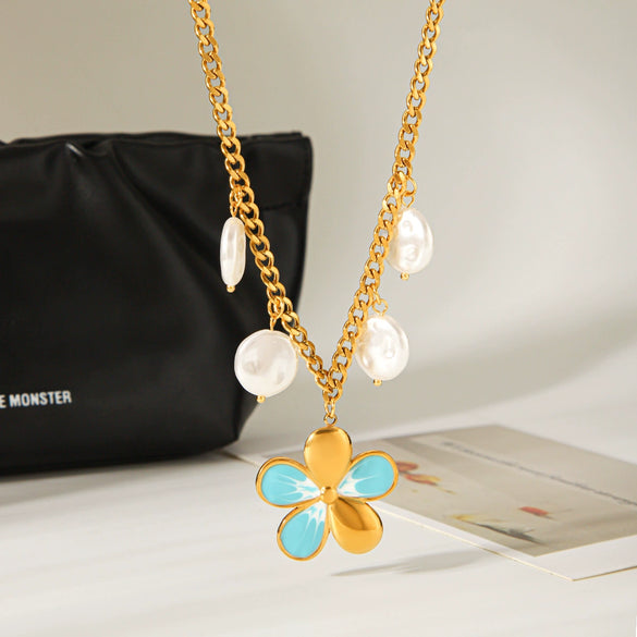 Wholesale Women's Oildrip Flower Stainless Steel Electroplated Necklace With Pearl Tassel Chain
