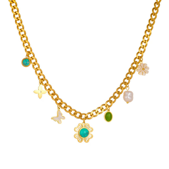 Wholesale Women's Old Money Style Stainless Steel Electroplated Necklace With Butterfly Daisy Turquoise Flower Pendant