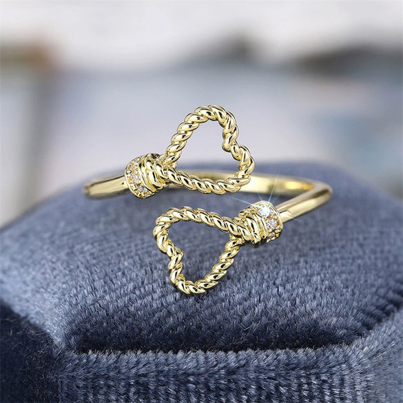 Wholesale Women's Open Adjustable Copper Heartshaped Hemp Rope Ring With Zirconia And Geometric Design Jewelry