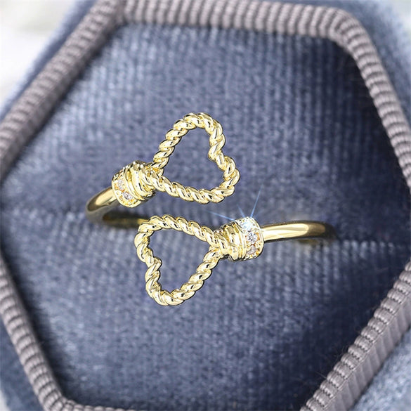 Wholesale Women's Open Adjustable Copper Heartshaped Hemp Rope Ring With Zirconia And Geometric Design Jewelry