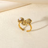 Wholesale Women's Open Ring Imitation Pearl Inlaid Stainless Steel French Retro Geometric Bow Tie Drop Shape Electroplated