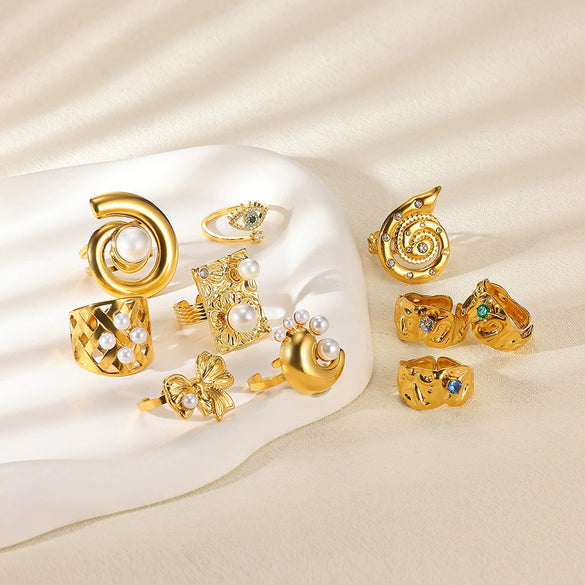 Wholesale Women's Open Ring Imitation Pearl Inlaid Stainless Steel French Retro Geometric Bow Tie Drop Shape Electroplated