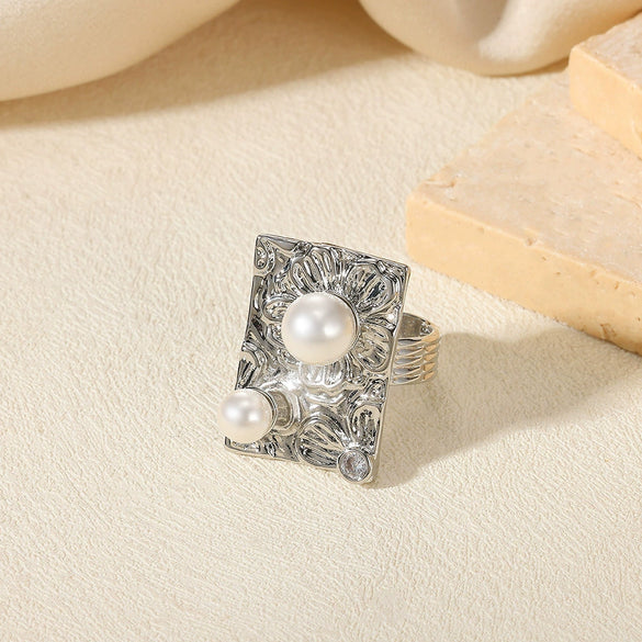 Wholesale Women's Open Ring Imitation Pearl Inlaid Stainless Steel French Retro Geometric Bow Tie Drop Shape Electroplated