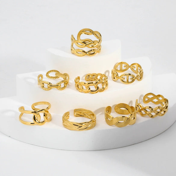 Wholesale Women's Open Ring In Ins Fashion Style Titanium Steel And Stainless Steel Hollow Double Twist Geometric Pattern Pvd Furnace Real Gold Treatment