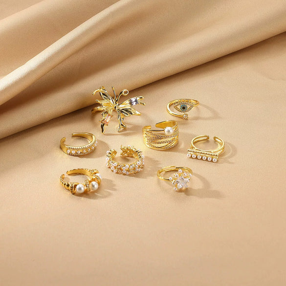 Wholesale Women's Open Ring With Small Flower Geometric Design Copper Pearl Zircon Electroplated