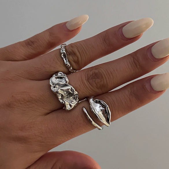 Wholesale Women's Open Ring Zinc Alloy Geometric Electroplated Liquid Metal Pleated Irregular