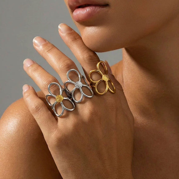 Wholesale Women's Open Rings Stainless Steel Gold And Silver Color Matching Cut Out Flower Electroplated Design