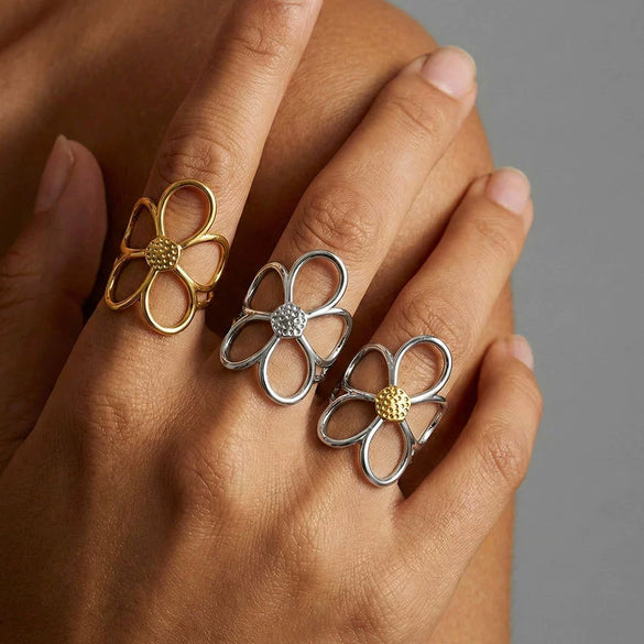 Wholesale Women's Open Rings Stainless Steel Gold And Silver Color Matching Cut Out Flower Electroplated Design