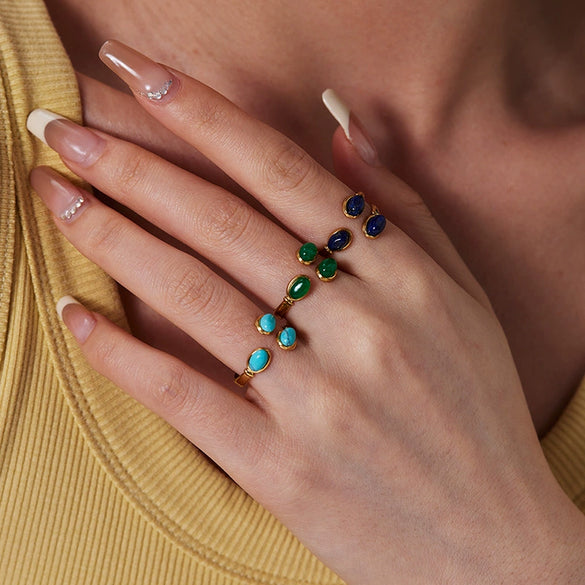 Wholesale Women's Opening Ring Titanium Steel Non Fading Inlaid Turquoise Drop Shape Electroplated Jewelry