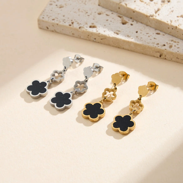 Wholesale Women's Original Design Geometric Stainless Steel Hollow Threesection Fiveleaf Flower Pendant Earrings With 925 Silver Ear Needles Electroplated