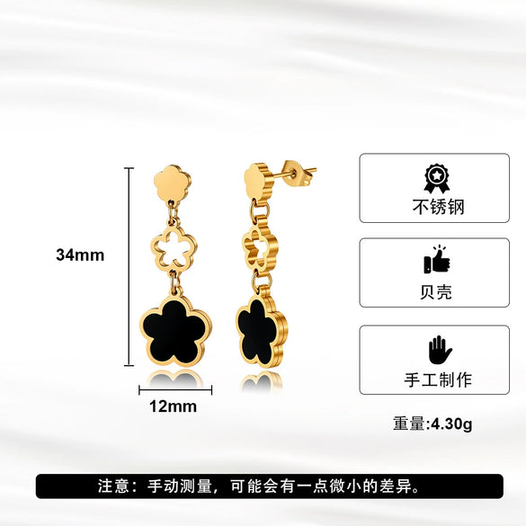 Wholesale Women's Original Design Geometric Stainless Steel Hollow Threesection Fiveleaf Flower Pendant Earrings With 925 Silver Ear Needles Electroplated
