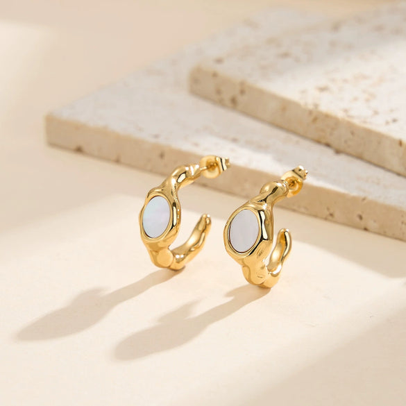 Wholesale Women's Oval And Geometric Motherofpearl And Stainless Steel Earrings With Vacuum Real Gold Plating In Pvd Furnace