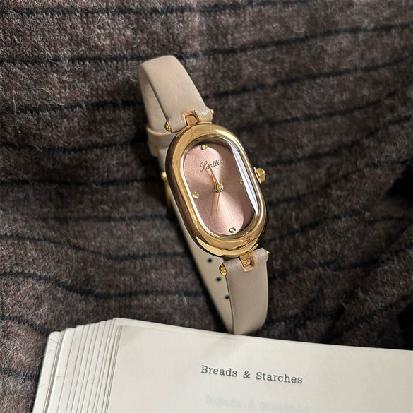 Wholesale Women's Oval Dial Super Fiber Strap Fashionable Minimalist Watch With Pin Buckle And Flat Top Tapered Crown