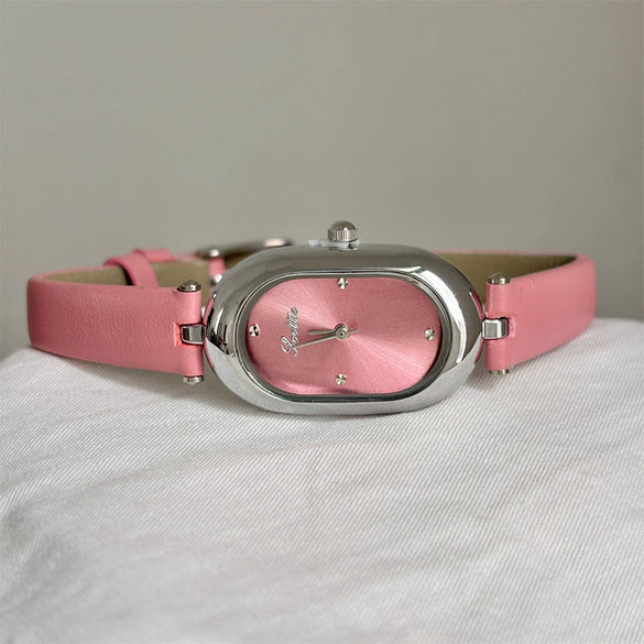 Wholesale Women's Oval Dial Super Fiber Strap Fashionable Minimalist Watch With Pin Buckle And Flat Top Tapered Crown