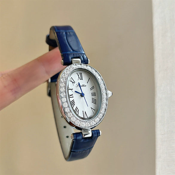 Wholesale Women's Oval Diamondstudded Quartz Watch With Red Leather Strap And Alloy Case