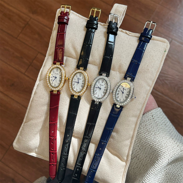 Wholesale Women's Oval Diamondstudded Quartz Watch With Red Leather Strap And Alloy Case