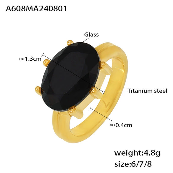 Wholesale Women's Oval Glass Stone Ring In French Court Style Titanium Steel Plated 18K Gold With Geometric Design Electroplated