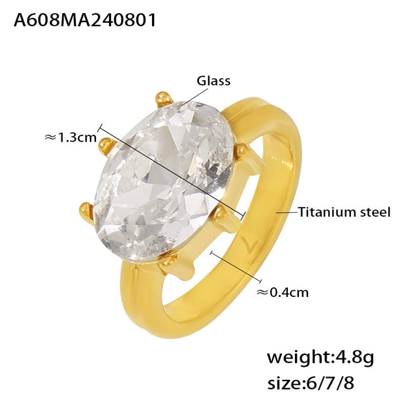 Wholesale Women's Oval Glass Stone Ring In French Court Style Titanium Steel Plated 18K Gold With Geometric Design Electroplated