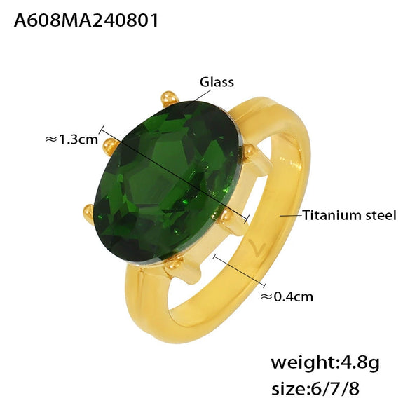 Wholesale Women's Oval Glass Stone Ring In French Court Style Titanium Steel Plated 18K Gold With Geometric Design Electroplated