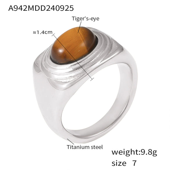Wholesale Women's Oval Tiger Eye Ring In Textured Edge Style Gold Plated Titanium Steel With Geometric Design