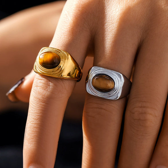 Wholesale Women's Oval Tiger Eye Ring In Textured Edge Style Gold Plated Titanium Steel With Geometric Design