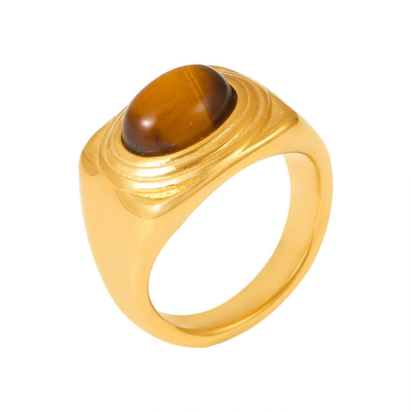 Wholesale Women's Oval Tiger Eye Ring In Textured Edge Style Gold Plated Titanium Steel With Geometric Design