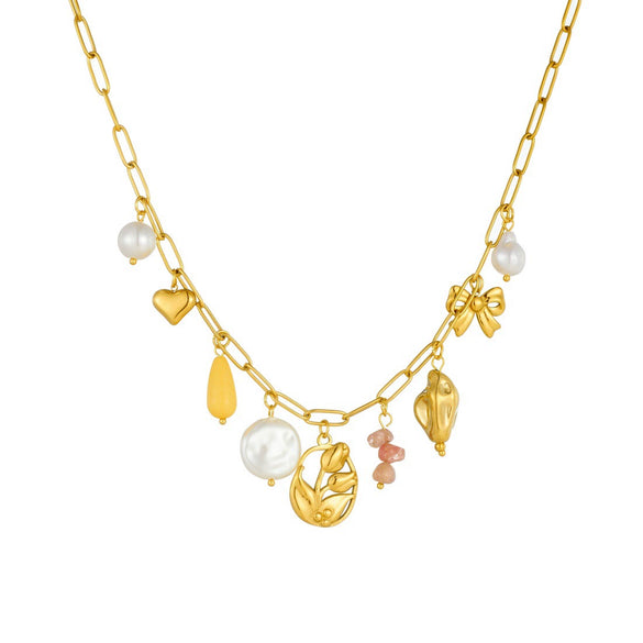 Wholesale Women's Pastoral Style Goldplated Stainless Steel Hollow Tulip Flower Bow Tie Multipendant Flat Cross Chain Necklace