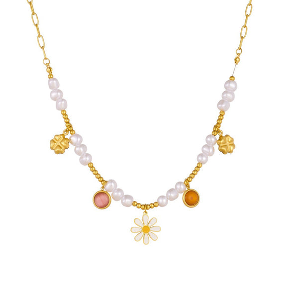 Wholesale Women's Pastoral Style Stainless Steel Electroplated Flower Pendant Necklace With Flat Cross Chain