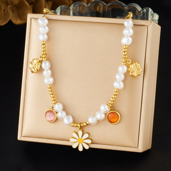 Wholesale Women's Pastoral Style Stainless Steel Electroplated Flower Pendant Necklace With Flat Cross Chain