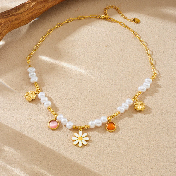 Wholesale Women's Pastoral Style Stainless Steel Electroplated Flower Pendant Necklace With Flat Cross Chain