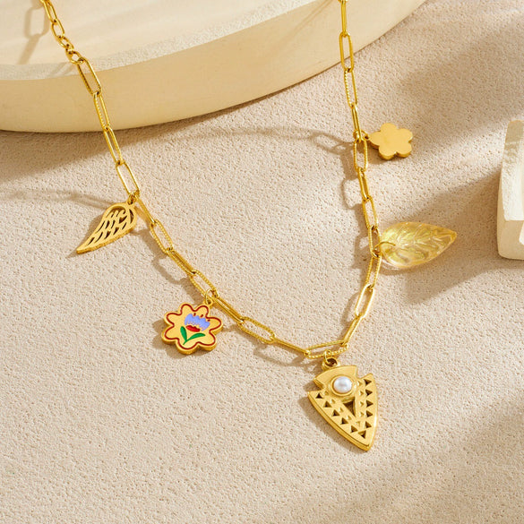 Wholesale Women's Pastoral Style Stainless Steel Electroplated Flower Pendant Necklace With Flat Cross Chain