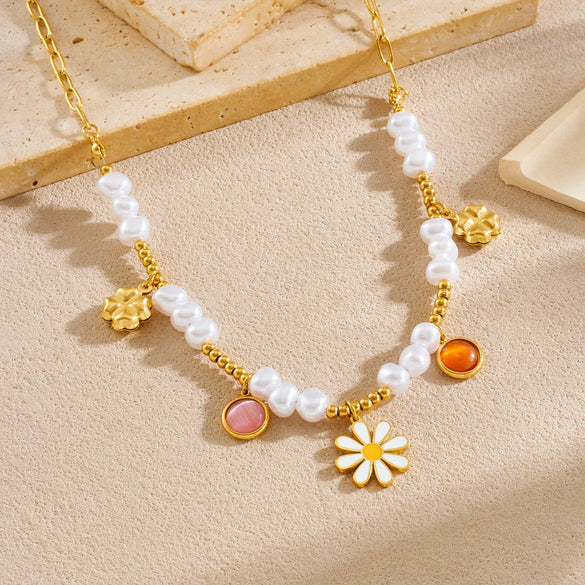 Wholesale Women's Pastoral Style Stainless Steel Electroplated Flower Pendant Necklace With Flat Cross Chain