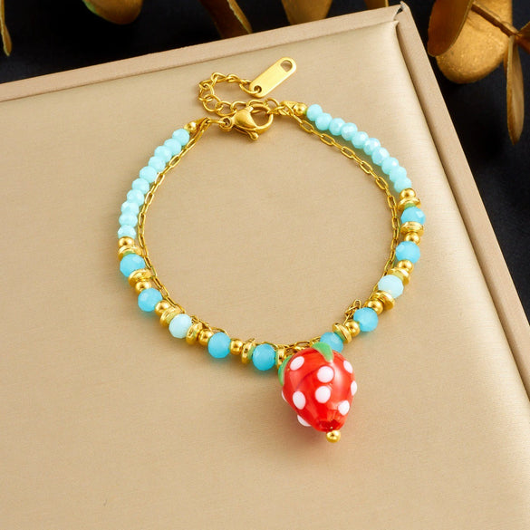Wholesale Women's Pastoral Style Strawberry Mushroom Insect Fruit Pattern Stainless Steel Electroplated Beaded Bracelet