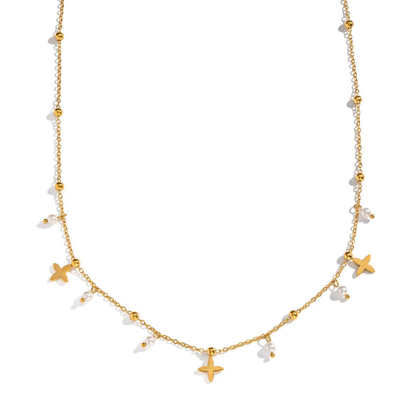 Wholesale Women's Pearl Cross Pendant Necklace In Geometric Shape With 18K Real Gold Plating And Pvd Furnace Vacuum Real Gold Processing Stainless Steel Jewelry