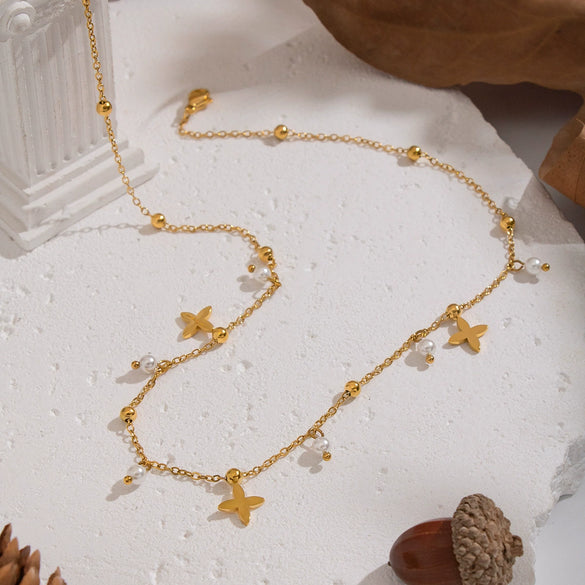 Wholesale Women's Pearl Cross Pendant Necklace In Geometric Shape With 18K Real Gold Plating And Pvd Furnace Vacuum Real Gold Processing Stainless Steel Jewelry