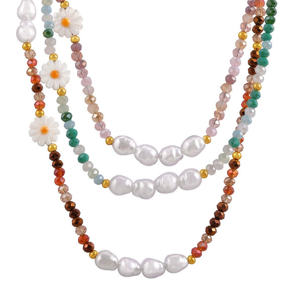 Wholesale Women's Pearl Crystal Beads And Steel Beads Necklace With Small Daisy Pattern And Electroplating Design