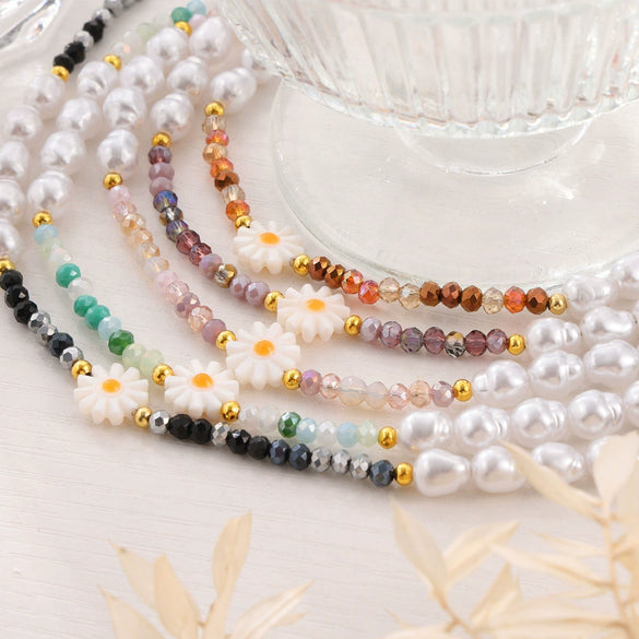 Wholesale Women's Pearl Crystal Beads And Steel Beads Necklace With Small Daisy Pattern And Electroplating Design