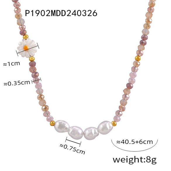 Wholesale Women's Pearl Crystal Beads And Steel Beads Necklace With Small Daisy Pattern And Electroplating Design