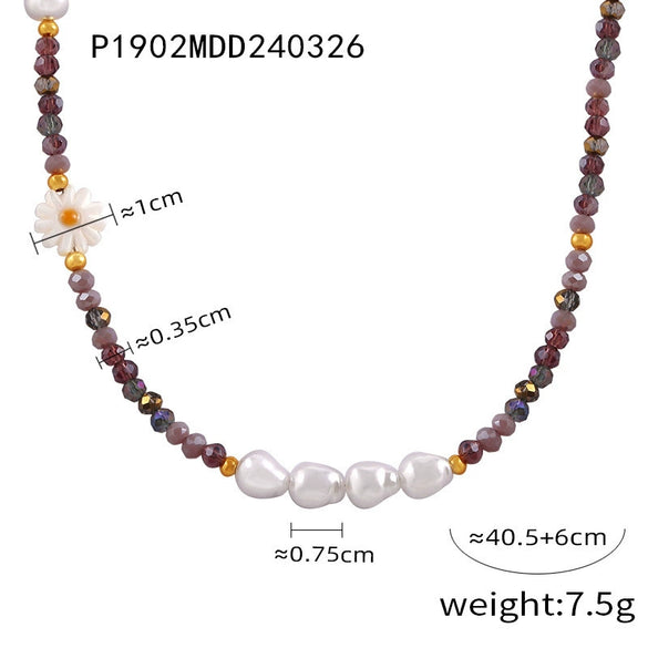 Wholesale Women's Pearl Crystal Beads And Steel Beads Necklace With Small Daisy Pattern And Electroplating Design