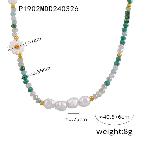Wholesale Women's Pearl Crystal Beads And Steel Beads Necklace With Small Daisy Pattern And Electroplating Design