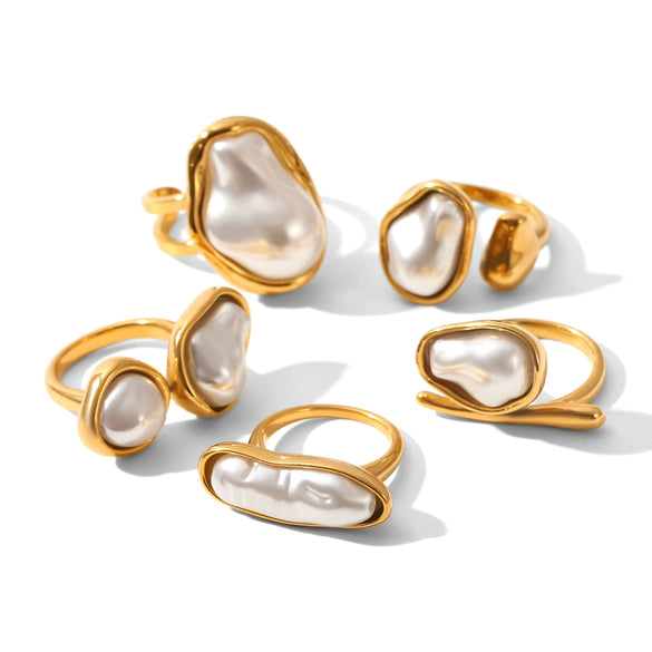 Wholesale Women's Pearl Inlaid Geometric Drop Shape Stainless Steel Open Ring Light Luxury Minimalist Ins Style Jewelry