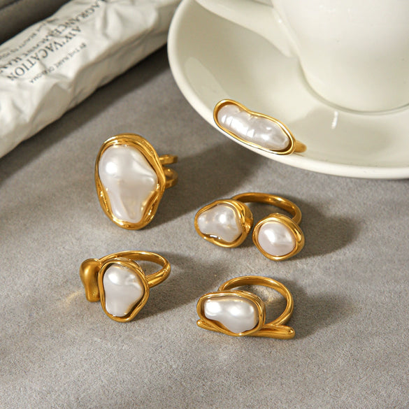 Wholesale Women's Pearl Inlaid Geometric Drop Shape Stainless Steel Open Ring Light Luxury Minimalist Ins Style Jewelry