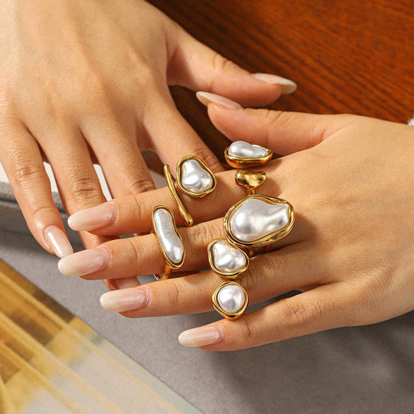 Wholesale Women's Pearl Inlaid Geometric Drop Shape Stainless Steel Open Ring Light Luxury Minimalist Ins Style Jewelry