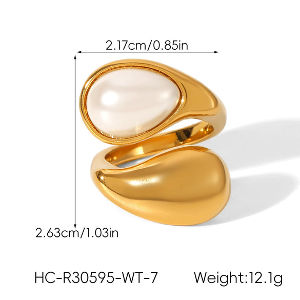 Wholesale Women's Pearl Inlaid Geometric Drop Shape Stainless Steel Open Ring Light Luxury Minimalist Ins Style Jewelry