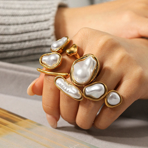 Wholesale Women's Pearl Inlaid Geometric Drop Shape Stainless Steel Open Ring Light Luxury Minimalist Ins Style Jewelry