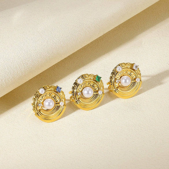 Wholesale Women's Pearl Stainless Steel Irregular Round Open Ring With Animal Zodiac Pattern Electroplated
