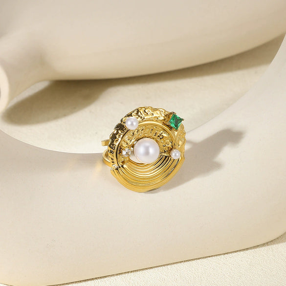 Wholesale Women's Pearl Stainless Steel Irregular Round Open Ring With Animal Zodiac Pattern Electroplated