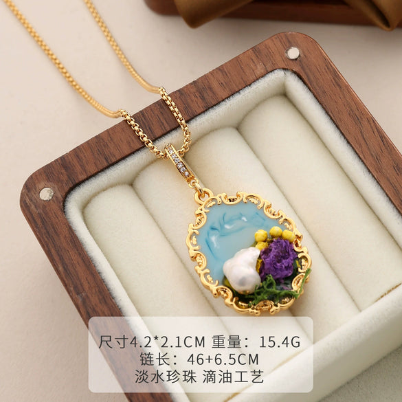 Wholesale Women's Pendant Necklace Copper Gold Plated Geometric Flower Drop Shape Electroplating French Retro Style