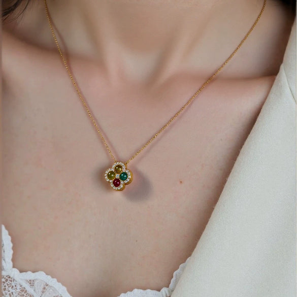 Wholesale Women's Pendant Necklace With S925 Sterling Silver 18K Gold Natural Tourmaline Four Leaf Clover Geometric Shape Set With Gemstones Retro Elegant Style